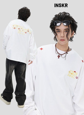 【INSKR】国潮情侣美式「几何LOGO刺绣长袖」宽松打底衫上衣T恤男