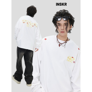 」宽松打底衫 「几何LOGO刺绣长袖 国潮情侣美式 上衣T恤男 INSKR