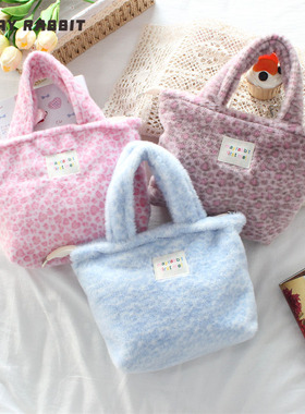 MAYRABBIT 秋冬毛绒豹纹手提包便携杂物手拎小包外出通勤托特包女