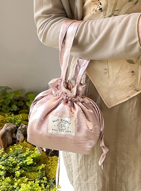 复古国风缎面抽绳手拎包文艺气质束口手提帆布包大容量首饰收纳包