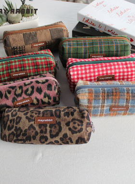 MAYRABBIT 新款毛呢豹纹笔袋便携旅行收纳袋大容量女文具袋铅笔袋
