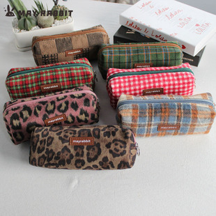 MAYRABBIT 毛呢豹纹笔袋便携旅行收纳袋大容量女文具袋铅笔袋 新款