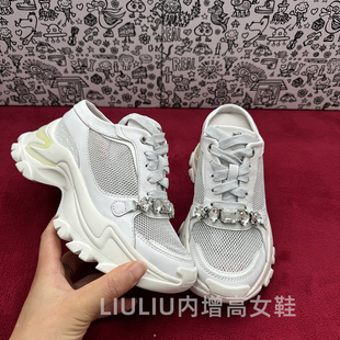 【隐形内增高9CM]白色水钻厚底老爹鞋女透气网面休闲鞋中跟包头拖