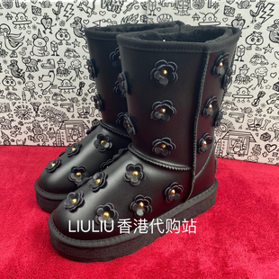 7cm冬加绒保暖棉鞋 防水防滑真皮厚底内增高黑色小花朵中筒雪地靴