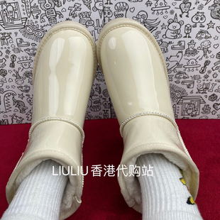 2025新款 7cm内增高雪地女靴 米色英伦风加绒加厚圆头短筒羊漆皮