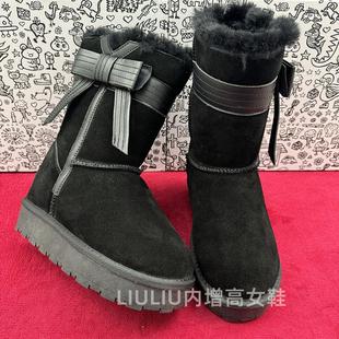 黑色羊皮毛一体蝴蝶结中筒加绒防滑雪地靴 隐形内增高9CM