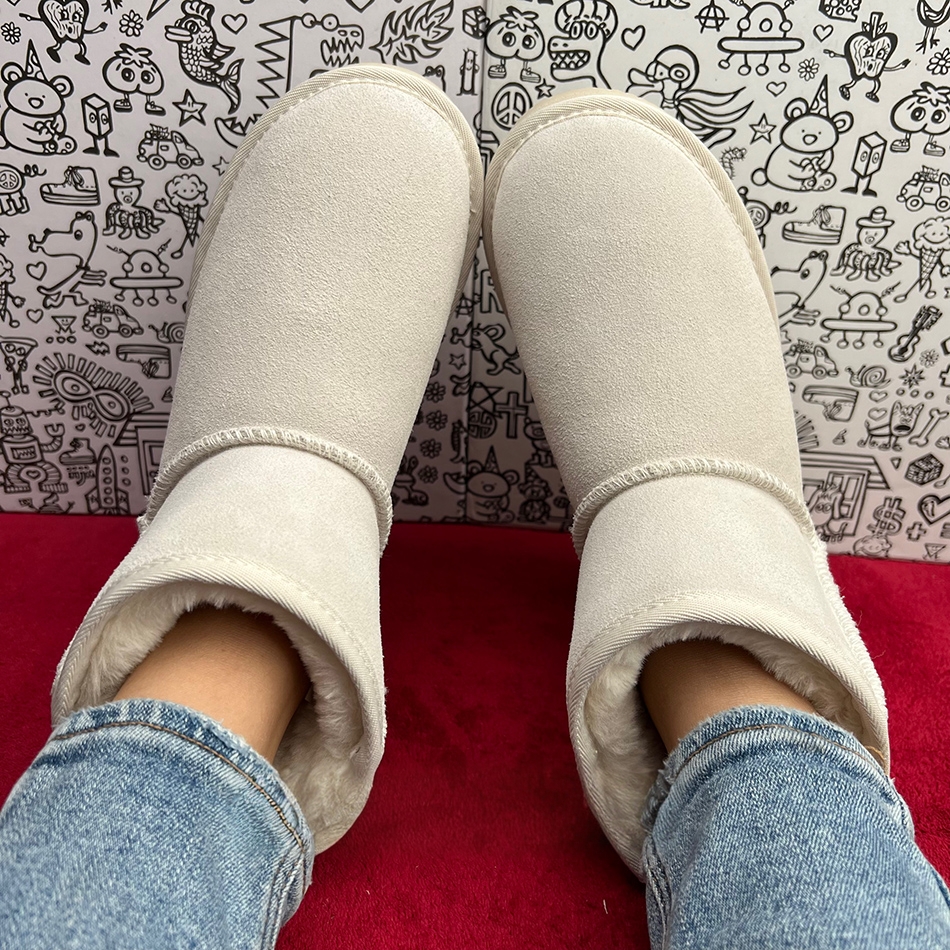 7cm隐形内增高米色牛皮雪地靴