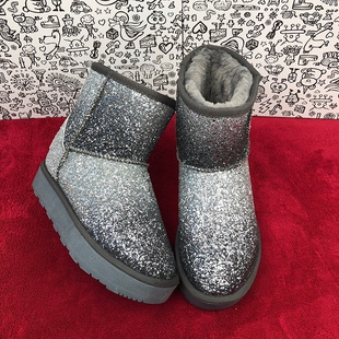 2025秋冬新款 四寸银灰色渐变格利特雪地靴7cm内增高厚底低筒女鞋