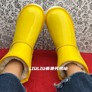 糖果色黄色漆皮防水隐形内增高7CM雪地靴女鹅黄短筒靴防滑加绒保