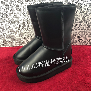 2025年新款 9cm隐形内增高女中筒雪地靴 加绒防水加厚黑色真皮7cm