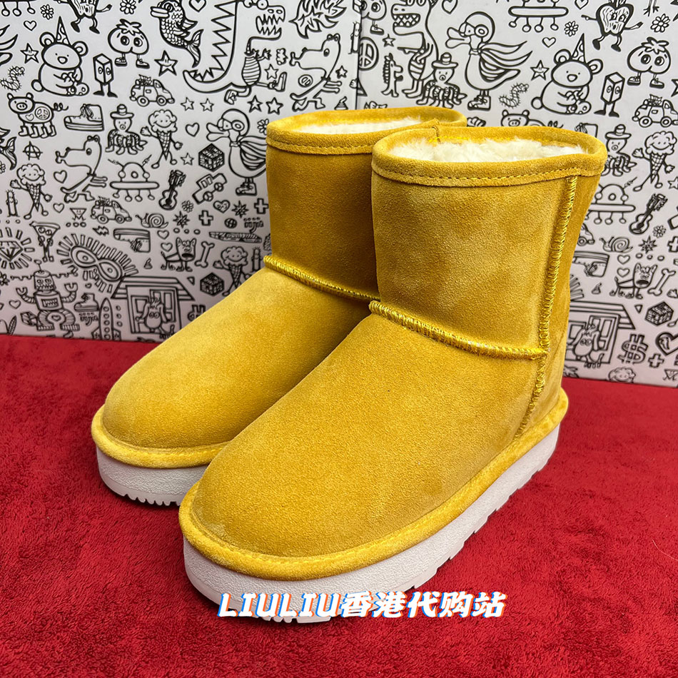 黄色牛皮低筒内增高7cm雪地靴