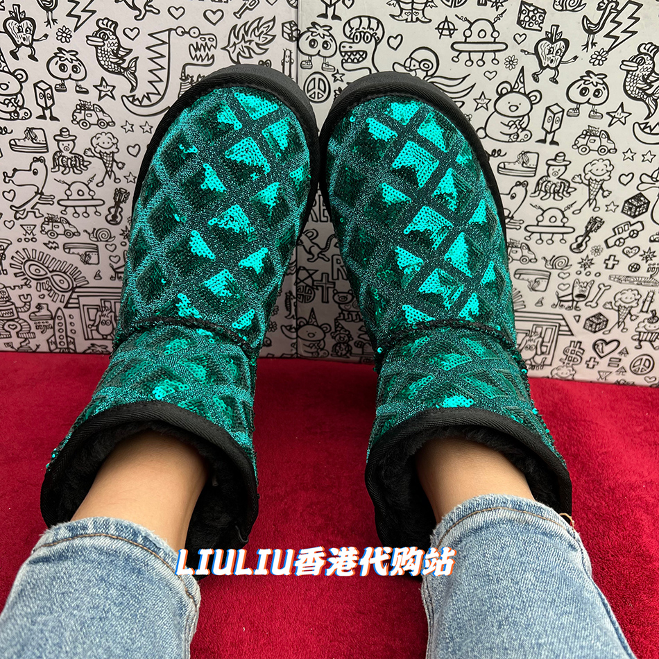 绿色菱格纹珠片内增高保暖雪地靴