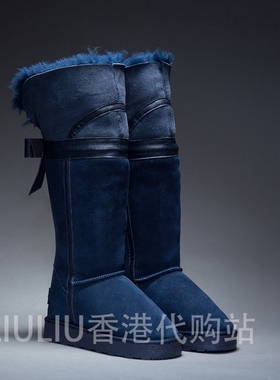 限量款四寸高筒蓝色后蝴蝶结内增高雪地靴皮羊毛一体7cm磨砂皮女