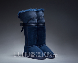 限量款 四寸高筒蓝色后蝴蝶结内增高雪地靴皮羊毛一体7cm磨砂皮女