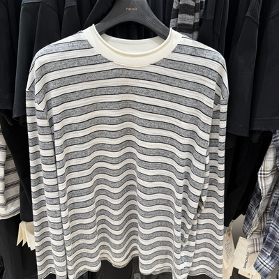 寅邱YINQIU-韩系夏新薄款宽松休闲条纹圆领长袖T恤8130男