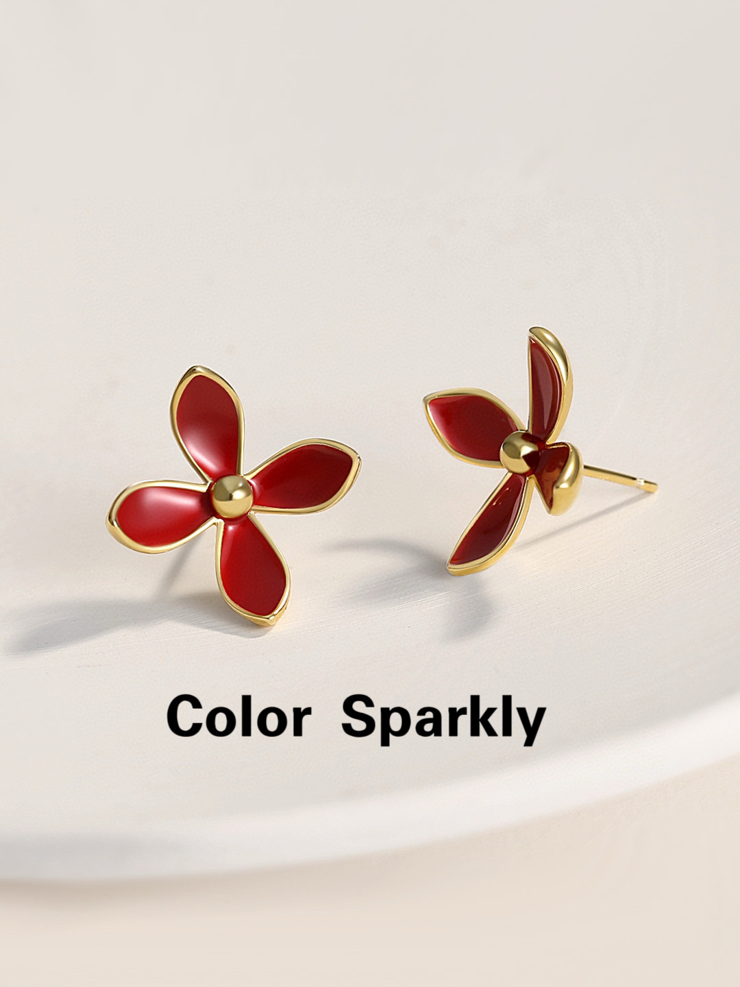 Color Sparkly 小众轻奢设计S925银中国红色滴釉花朵耳钉简约精致