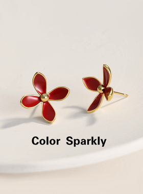 Color Sparkly 小众轻奢设计S925银中国红色滴釉花朵耳钉简约精致