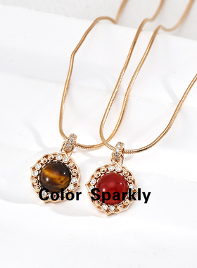 925银镀金虎眼石红玛瑙项链女