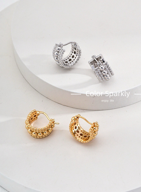 925银镀金圆球简约轻奢高级感耳扣复古小众设计感耳饰百搭耳圈