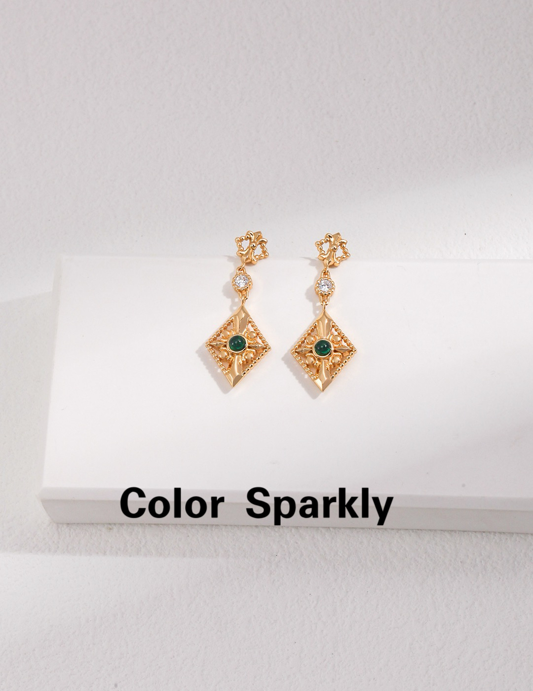 Color Sparkly S925银祖母绿玛瑙菱形镂空耳环女耳坠复古巴洛克