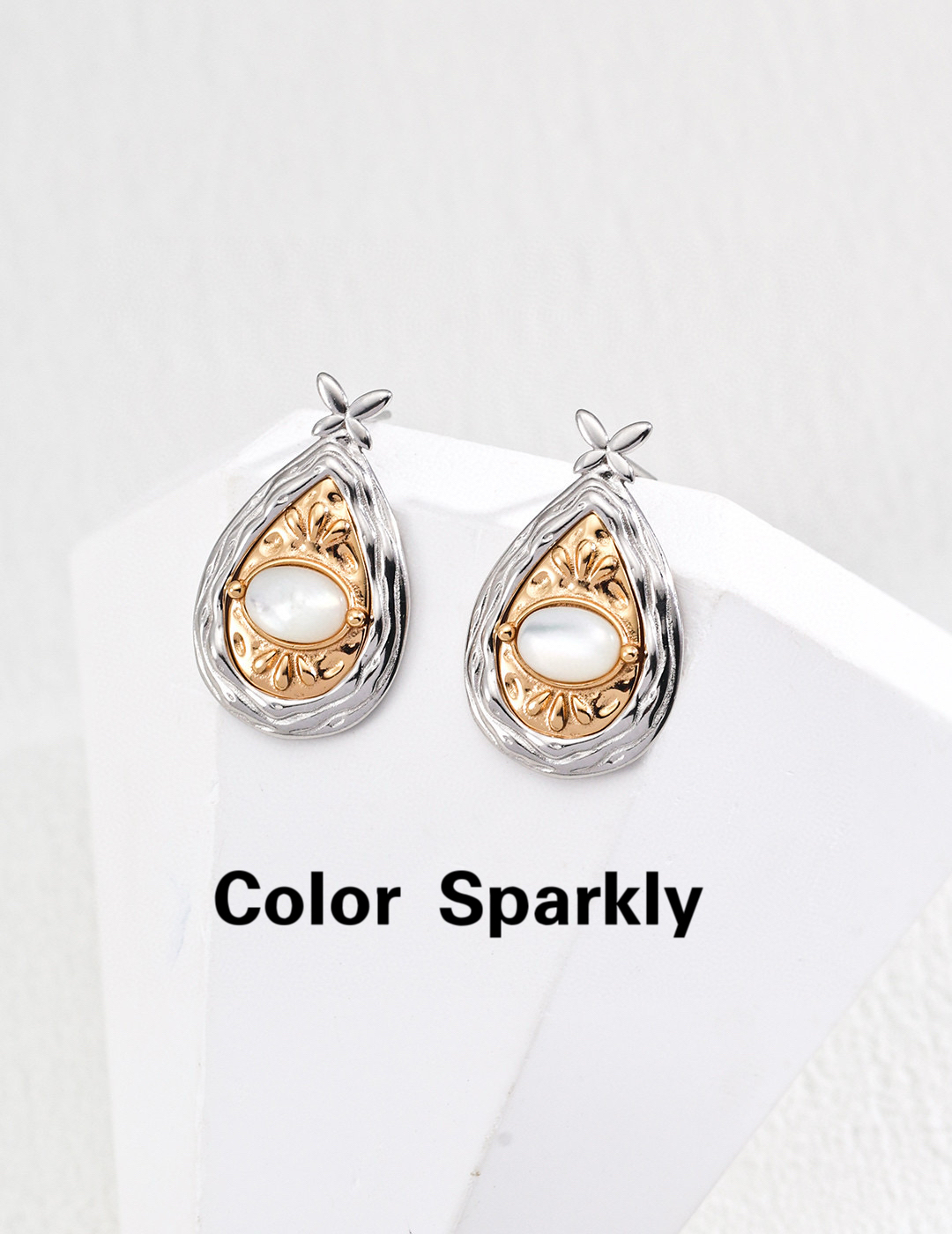 Color Sparkly小众设计S925银针复古白贝母耳环女气质百搭耳钉