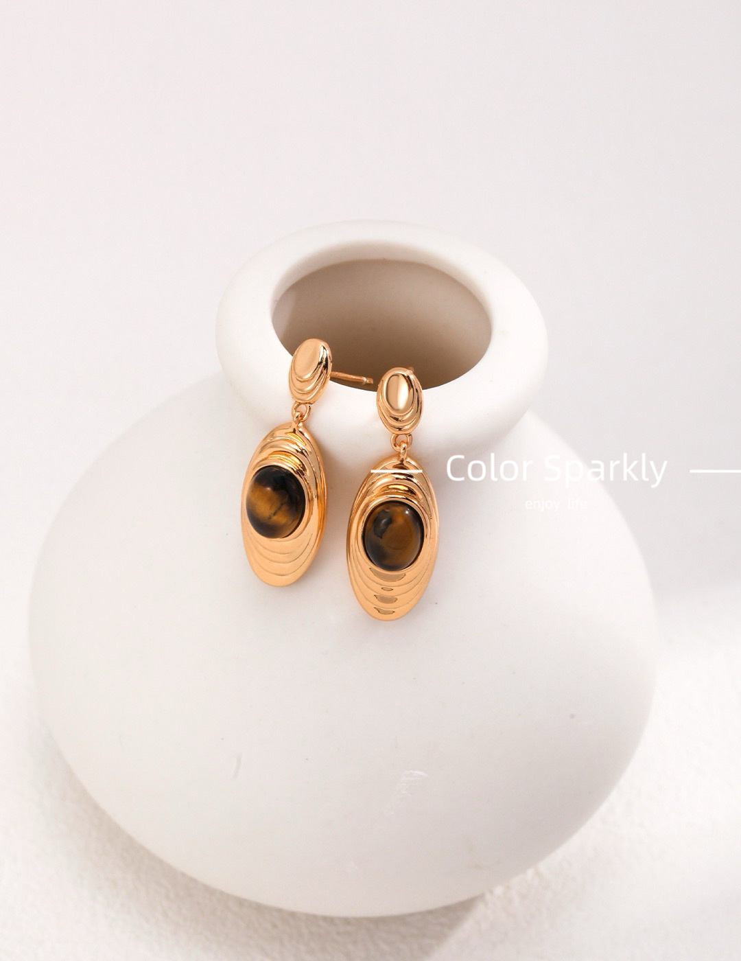 Color Sparkly 美拉德风复古虎眼石耳环女轻奢高级感气质百搭耳饰