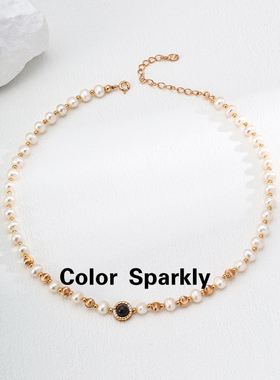 Color Sparkly小众设计S925银天然珍珠虎眼石锆石项链简约时尚