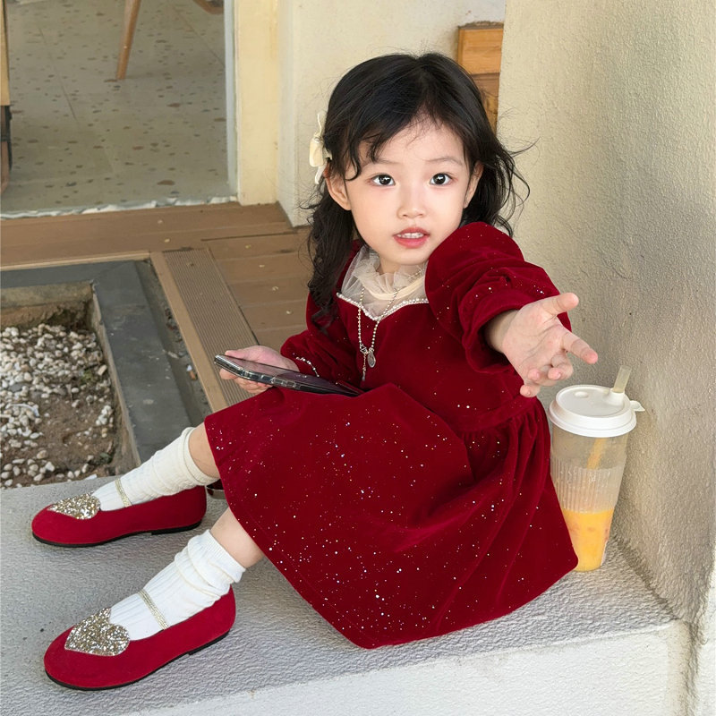 女童裙子2025秋冬装新款闪闪亮密丝绒加绒加厚公主裙圣诞节连衣裙