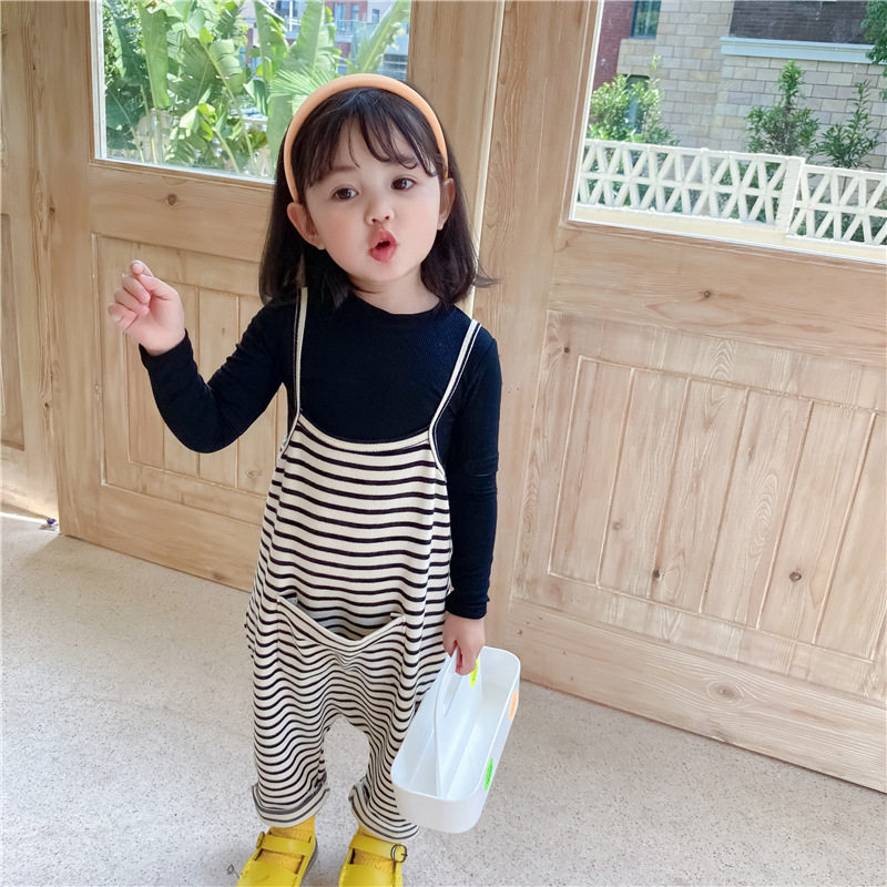 男女童条纹背带裤2025韩版儿童宽松连体裤小童宝宝洋气吊带潮童装