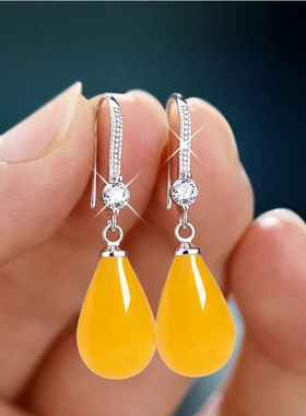 黄色水滴耳钩耳坠女款百搭镀925银镶嵌气质简约中老年妈妈款耳环