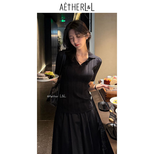 黑色Polo领针织短袖T恤女