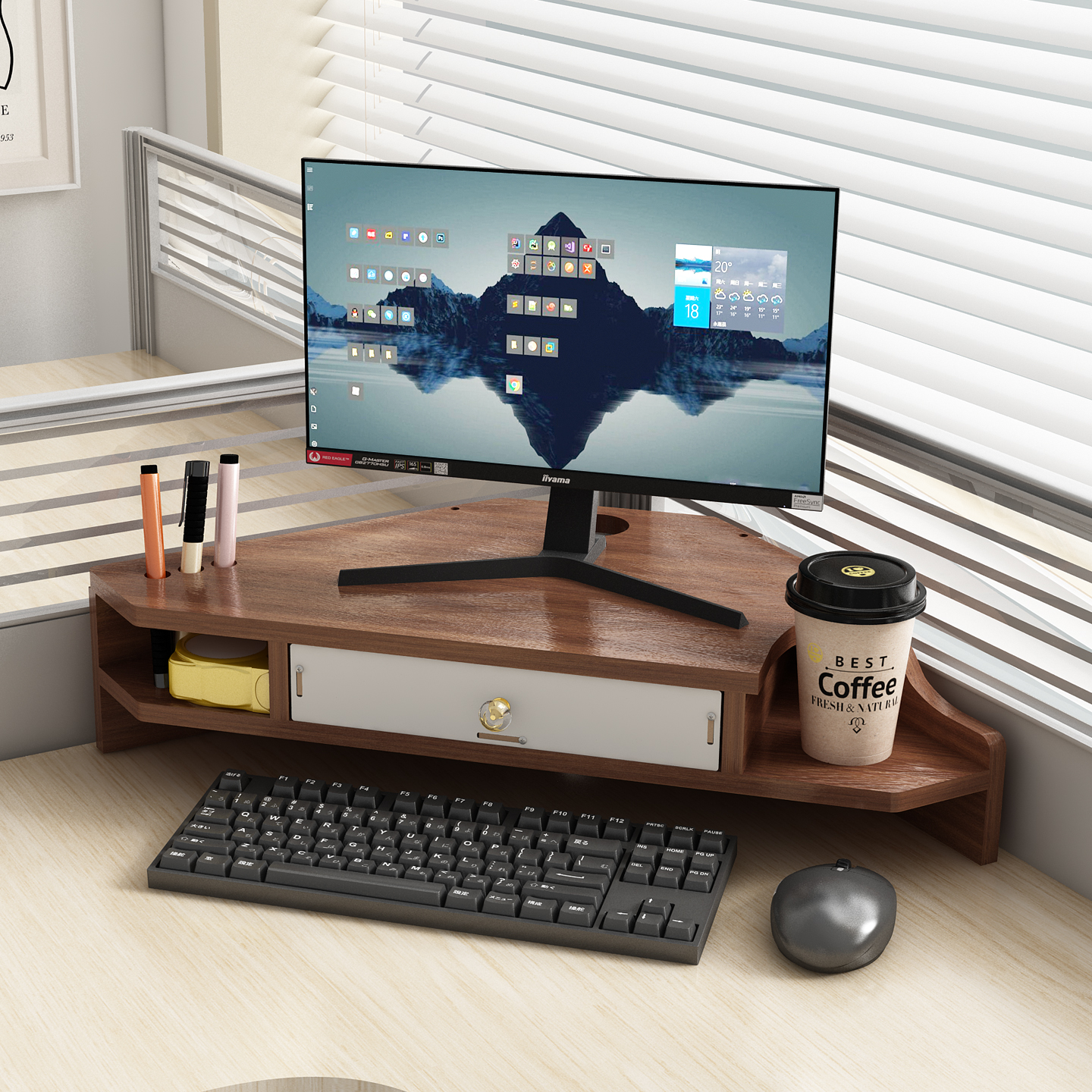 转角显示器增高架办公室工位弧形三角桌面办公桌台式电脑置物支架