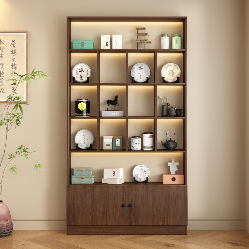 实木生态板格子落地置物茶杯茶壶叶展示货架创意LED灯带门多宝阁