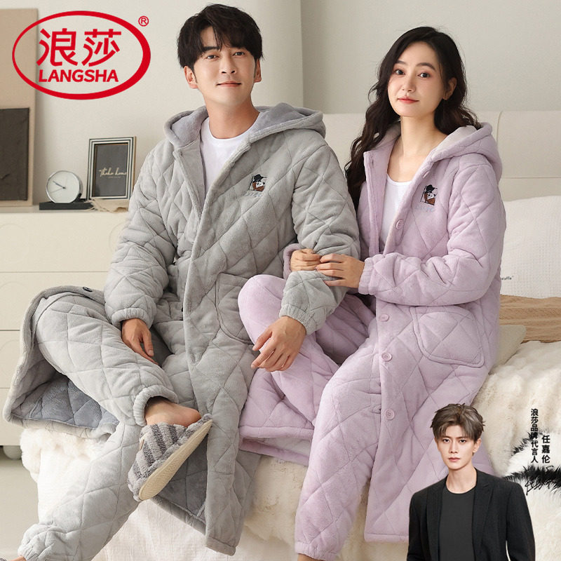 三层夹棉袄睡衣情侣冬季珊瑚绒睡袍加厚加绒保暖大码法兰绒家居服