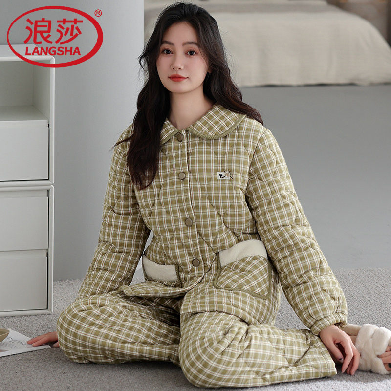 浪莎秋冬款加厚加绒女士夹棉睡衣冬天保暖锁温中年妈妈甜美家居服