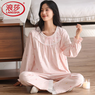 纯棉睡衣女款秋天新款花边长袖圆领甜美减龄妈妈套头家居服可外穿
