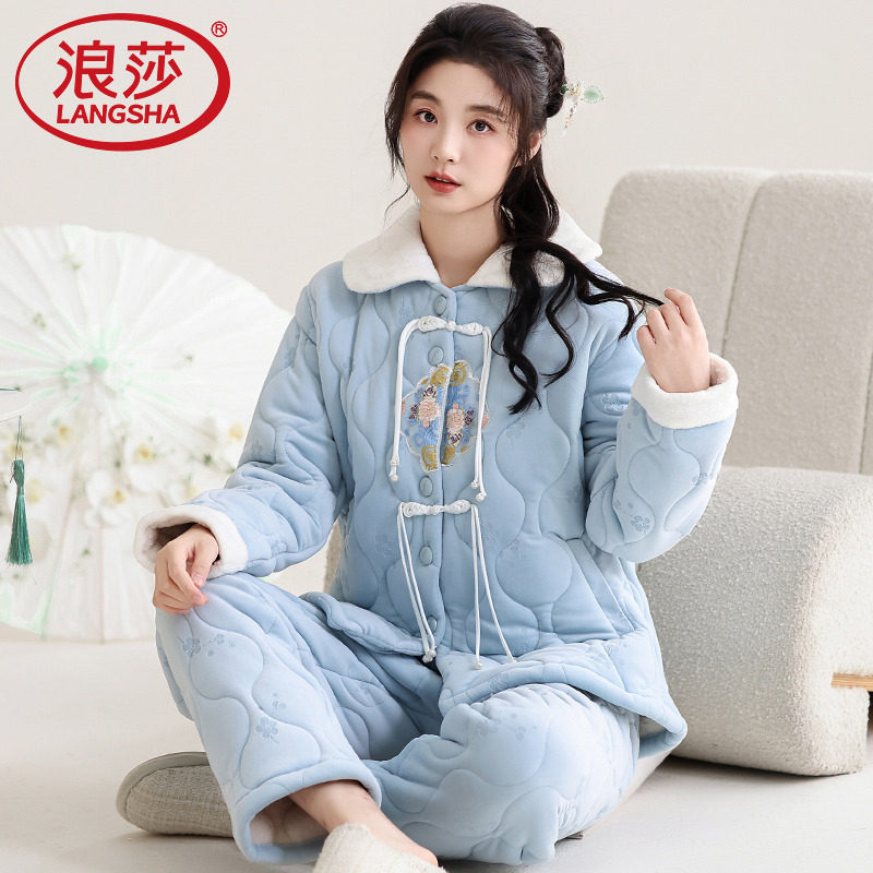 女士翻领国风睡衣冬款海岛绒冬天中式新款夹棉加厚加绒保暖家居服