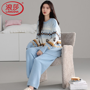 半边绒睡衣女款冬季加厚加绒圆领休闲舒适长袖两件套家居服可外穿