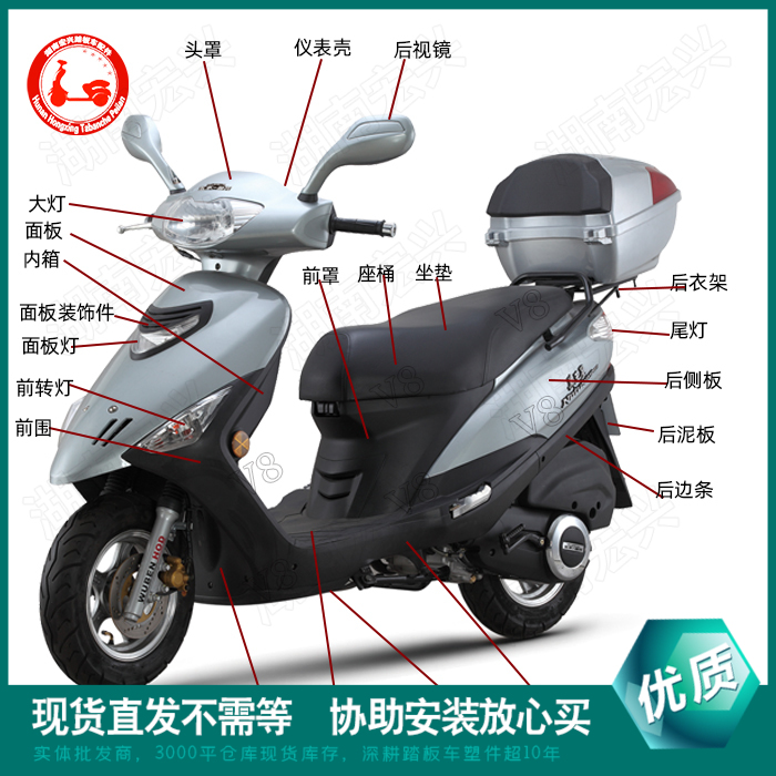 国产踏板车海王星外壳摩托车壳巨科hwx塑件泽泰前围面板转向大灯