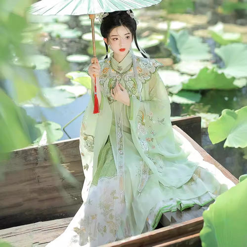 原创明制汉服女夏秋季新款圆领长衫重工刺绣仙气飘逸日常古装全套