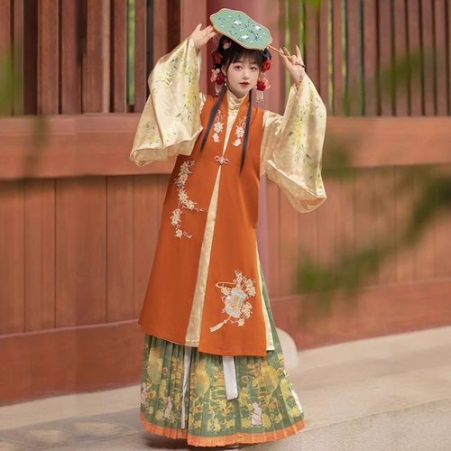 明制原创成人汉服女秋季新品月桂兔兔对襟长比甲大袖衫百褶裙