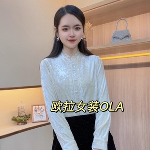 女装木耳领花边温柔知性蕾丝法式气质开衫丝绒上衣衬衫