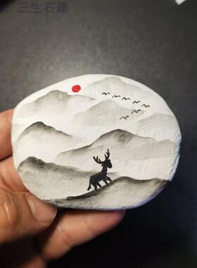 石头画国画风格手工制作创意荷花展柜装饰手作收藏艺术国点石成金