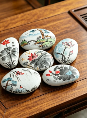 手绘国画风石头画荷花山水定制