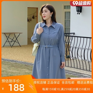 纤莉秀2023秋装新款大码女装胖mm时髦通勤翻领遮胯收腰显瘦连衣裙