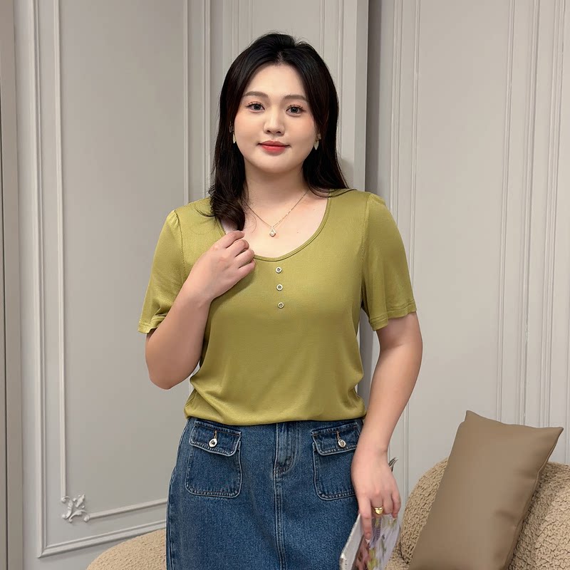 纤莉秀大码女装夏新款胖mm时尚休闲显瘦百搭纯色透气针织衫qi1317