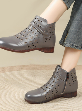 真皮镂空短靴女平跟软底妈妈靴子大码女鞋休闲洞洞凉靴小码323334