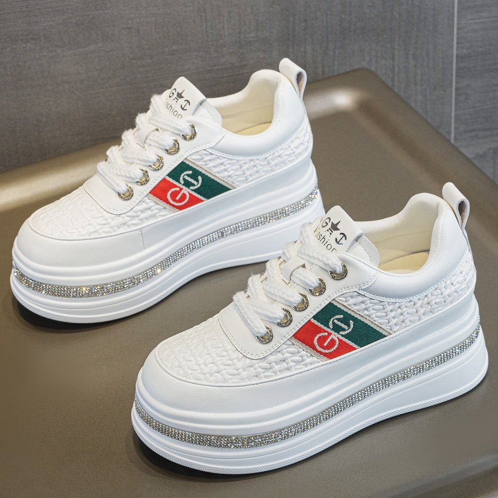 2026春季小白鞋女厚底内增高真皮休闲鞋水钻条纹百搭小个子运动鞋