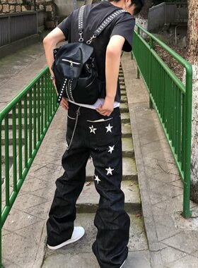 男士个性刺绣牛仔裤男春秋潮牌修身印花乞丐小脚裤潮流长裤子