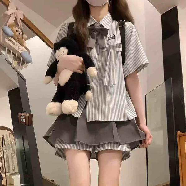 韩系jk制服学院风短裙套装女夏季小个子条纹短袖衬衫半身裙两件